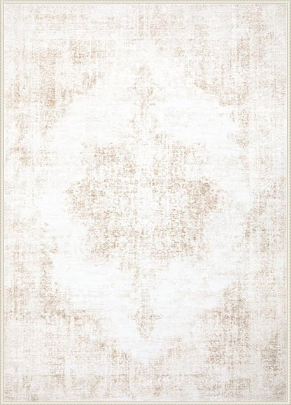 Area Rug 9x12 Vintage Rugs: Large Washable Living Room Rug Retro Medallion Distressed Soft Low Pile Non-Slip Rugs Indoor Floor Carpet for Bedroom Dining Table Office (Beige,9'x12')