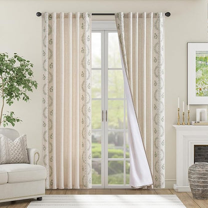 jinchan Belrose Lined Linen Blend Curtains Floral Curtains for Bedroom 84 Inch Length Sage Green Embroidered Drapes Rod Pocket Farmhouse Flower Drapes for Living Room Window Treatments Set 2 Panels