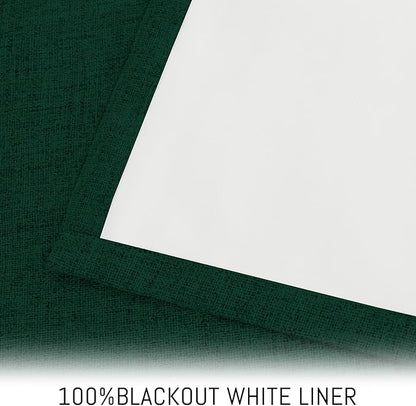 Yakamok Dark Green Linen Curtains 100% Blackout 96 Inches Long,Room Darkening Textured Drapes for Living Room Thermal Grommet Bedroom Curtains 2 Panels with White Liner