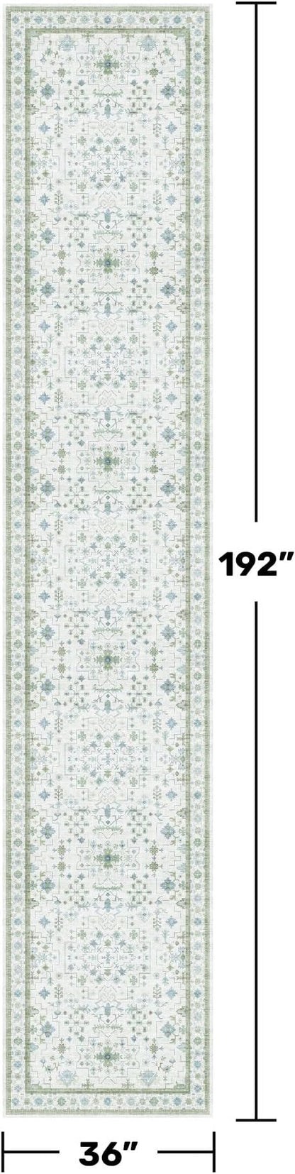 Hazo Haus Oushak 3x16 Wide Hallway Runner Rug - Vintage Turkish Floral, Washable Low Pile Non Slip 16ft Extra Long Runners for Large Kitchen, Hall Way - Light Blue and Green Décor