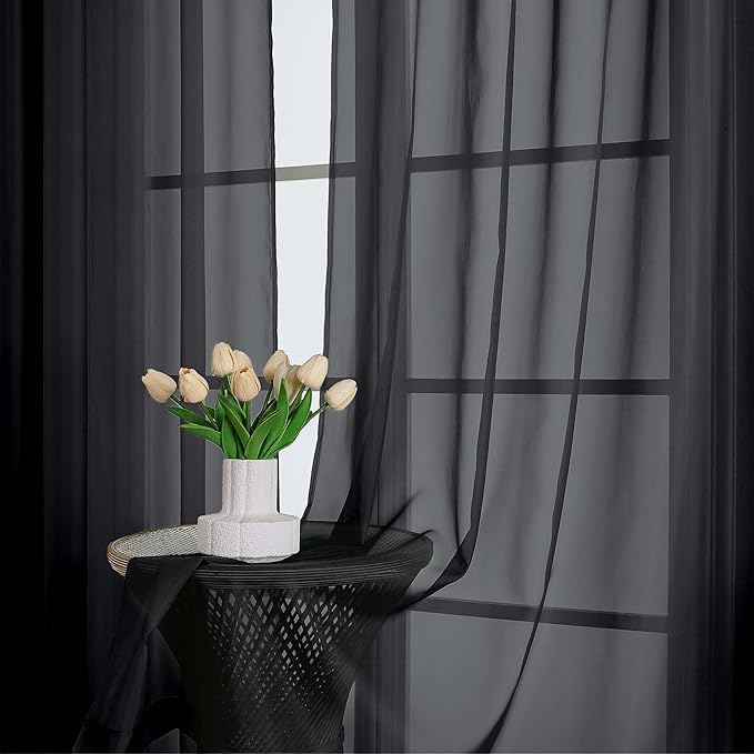 Chyhomenyc Black Sheer Valances for Windows - Light Filtering Small Kitchen Curtains, Rod Pocket Short Top Window Treatment Decor for Living Room Bathroom Basement, 42Wx16L inches, 2 Panels