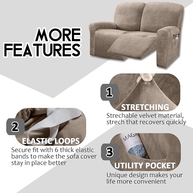 ULTICOR Reclining Love Seat Sofa Cover (6 Piece, Taupe), 48-65'' L, Velvet Stretch, Soft, Washable