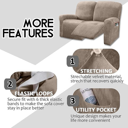 ULTICOR Reclining Love Seat Sofa Cover (6 Piece, Taupe), 48-65'' L, Velvet Stretch, Soft, Washable