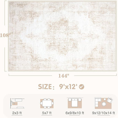 Area Rug 9x12 Vintage Rugs: Large Washable Living Room Rug Retro Medallion Distressed Soft Low Pile Non-Slip Rugs Indoor Floor Carpet for Bedroom Dining Table Office (Beige,9'x12')