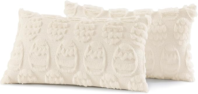 decorUhome Easter Cream White Egg Pillow Covers 12x20 Inch Set of 2, Soft Plush Faux Wool Jacquard Cushion Covers, Farmhouse Neutral Fuzzy Spring Easter Holiday Decor for Couch Sofa Bed