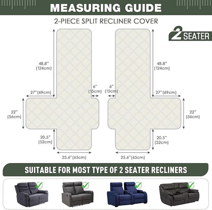 TAOCOCO 100% Waterproof Loveseat Recliner Covers 2 Seater, Split Loveseat Covers for Reclining loveseat, Non Slip Reclining Couch Cover with Double Straps for Kids, Pets(2 Seater, Sage Green)
