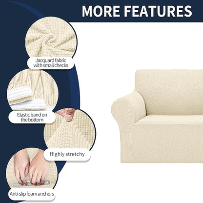 Cupuamon 2026 New Stretch Oversized Sofa Slipcovers Couch Sofa Cover for 4 Seater Furniture Protector Covers with Elastic Bottom Jacquard Fabric Small Checks for Pets, Kids - Beige