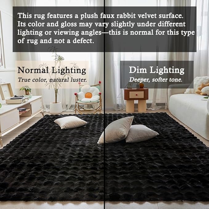 Black Rabbit Plush Rug 6'x9', Fluffy Faux Fur Shaggy Area Rug for Nursery, Kids Room Decor, Soft Fuzzy Carpet for Living Room, Bedroom, Teen Girls Room