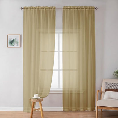 OWENIE Gold Sheer Curtains 84 Inch Length 2 Panels Set, Light Filtering Voile Fimly Sheer Drapes for Living Room/Bedroom, 2pcs, Gold Solid Rod Pocket Sheer Curtains, Each 42" W x 84" L