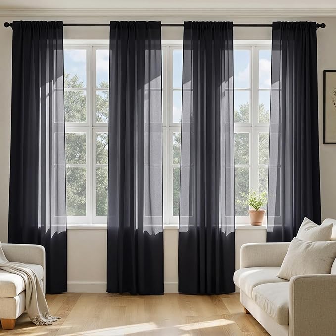 MIULEE Black Sheer Curtains 96 Inches Long, 4 Panels Set, Light Filtering Halloween Rod Pocket Voile Drapes for Living Room and Bedroom, Airy Soft Fabric Window Treatments, 54 x 96 Inches