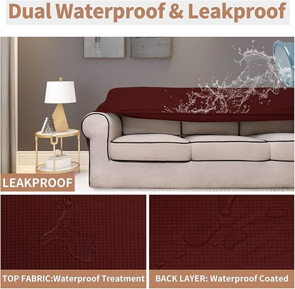 Easy-Going 100% Waterproof Loveseat Couch Cover, Dual Waterproof Sofa Cover, Stretch Jacquard Sofa Slipcover, Leakproof Furniture Protector for Kids, Pets, Dog and Cat (Loveseat, Wine)