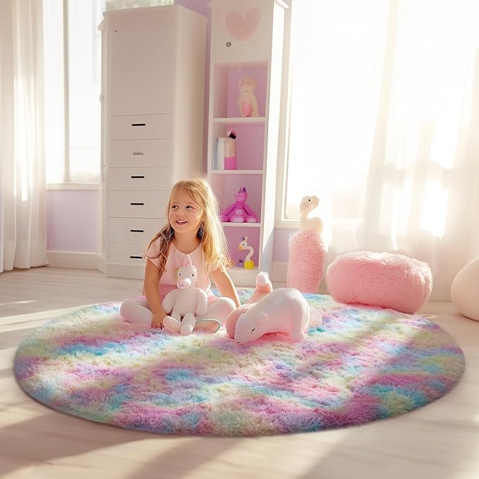Ophanie Round Rugs 4Ft Rainbow Circle Area Rug, Colorful Unicorn Bedroom Dorm Decor for Teen Girls, Cute Fluffy Fuzzy Plush Soft Shaggy Living Room Carpet for Kids Baby Home Aesthetic Nursery Playroom