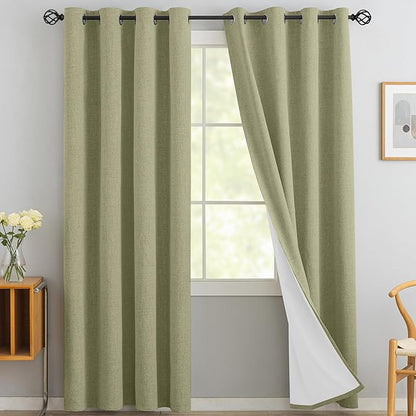 Yakamok Linen Sage Curtains 100% Blackout 84 Inches Long,Room Darkening Textured Drapes for Living Room Thermal Grommet Bedroom Curtains 2 Panels with Greyish White Liner