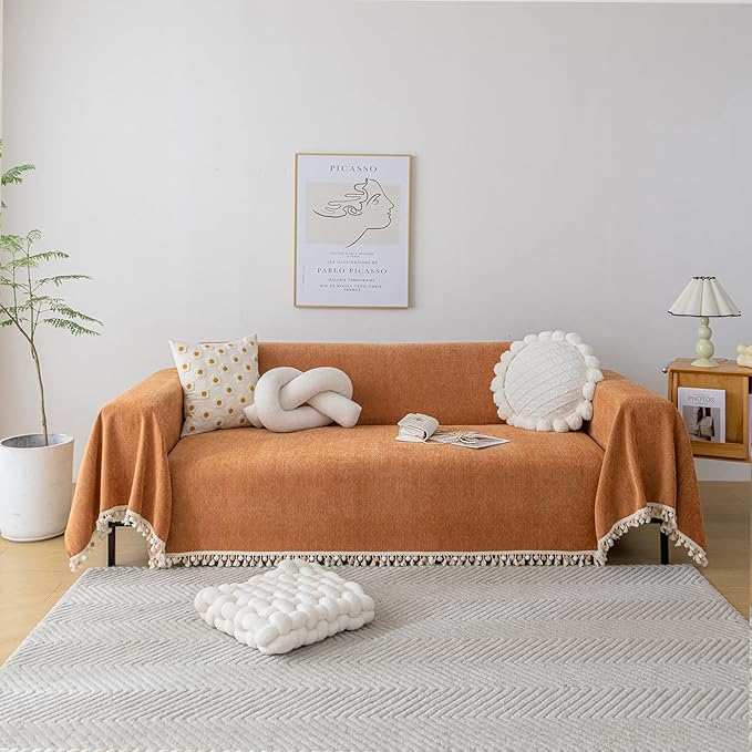 HANDONTIME Dark Orange Sofa Covers Couch Cover for Dogs Colorful Tassel Lovetseat Covers Pet Couch Cover Bohemian Sofa Cover for Couch Vintage Boho Couch Covers Futon Cover Pet-Friendly, 71" X118"