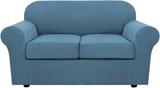 H.VERSAILTEX 3 Piece Stretch Sofa Covers for 2 Cushion Loveseat Couch Covers for Living Room Sofa Slipcovers (Base Cover Plus 2 Seat Cushion Covers) Thicker Jacquard Fabric(Medium Sofa, Dusty Blue)