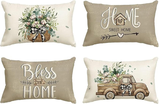 AVOIN Colorlife Bless Our Home Farmhouse Eucalyptus Leaves Throw Pillow Covers, 12 x 20 Inch Truck Sweet Home Cushion Case Decorations Set of 4