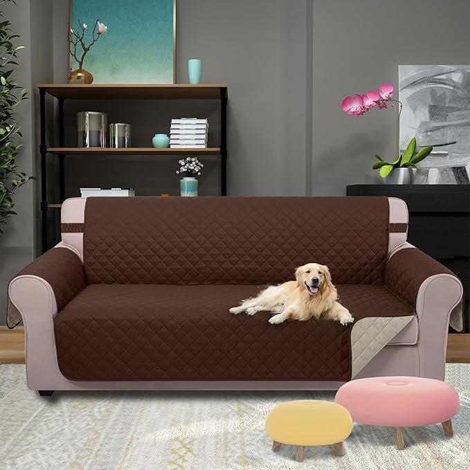 U-NICE HOME Reversible Sofa Cover Couch Cover for Dogs with Elastic Straps Water Resistant Furniture Protector for Pets Couch Cover for 3 Cushion Couch (Sofa, Brown/Beige)