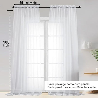 OWENIE Sheer White Curtains 108 Inches Long for Living Room Bedroom 2 Panels Set, Lightweight Airy White Sheer Curtain, Filmy Voile Rod Pocket, 2 PCS, Each 59" W x 108" L