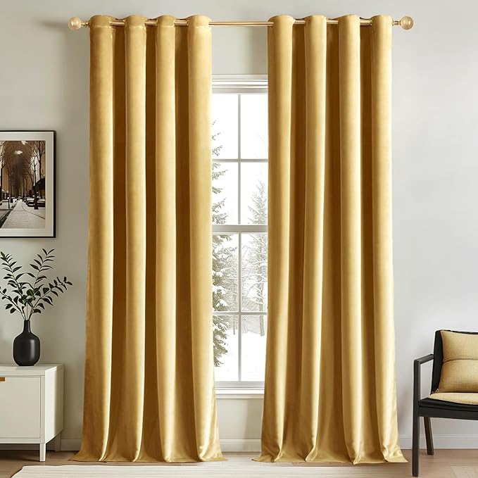 MIULEE Velvet Curtains Golden Elegant Grommet Thermal Insulated Soundproof Room Darkening Curtains/Drapes for Classical Living Room Bedroom Decor 52 x 108 Inch Set of 2