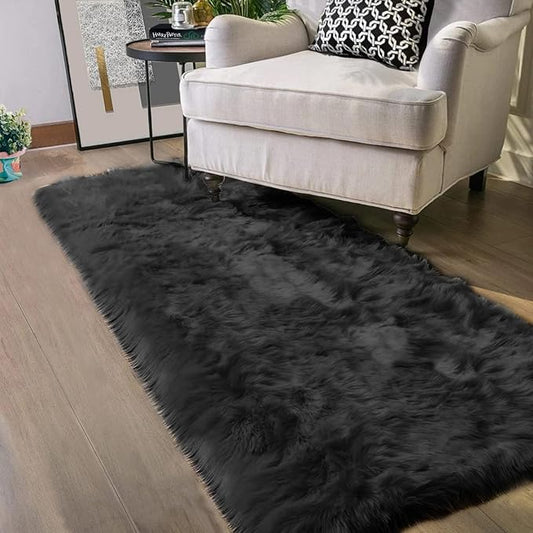 Latepis Black Runner 2x5 Washable Rug Faux Sheepskin Bedroom Rug Soft Fluffy Fur Rugs for Sofa Cover Cushion Room Décor, Runner