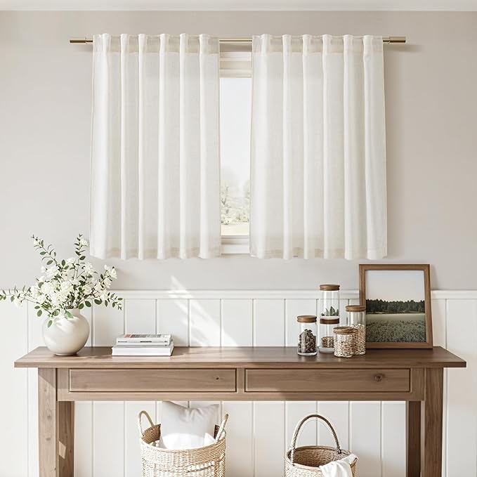 Nanspring 45 Inch Short Window Linen Curtains,for Kitchen Windows Over Sink Semi Sheer Curtain Back Tab and Rod Pocket Neutral Drapes for Cafe/Bathroom/Loft Room Cream 29 x 45,2 Panels