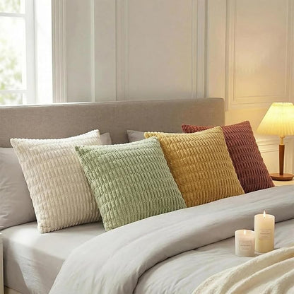 Fancy Homi 4 Packs Boho Fall Decorative Throw Pillow Covers 22x22 Inch for Living Room Couch Bed Sofa, Rustic Farmhouse Home Decor, Soft Plush Striped Corduroy Colorful Square Cushion Case 55x55 cm