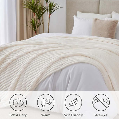 BEDELITE Full Size Blanket for Bed, 300GSM Soft & Warm Fleece Cream White Blanket, Decorative and Giftable Striped Blankets for Women, Men, 84"x90"