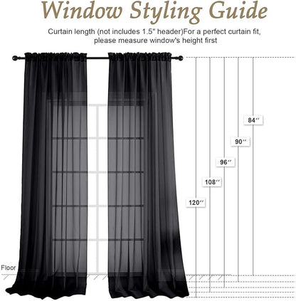 OVZME Black Sheer Curtains 120 Inches Long 2 Panels Set, 59 Inch Extra Wide Soft Airy Lightweight Sheer Curtains for Living Room, Farmhouse Voile Filmy Rod Pocket Drapes, 59Wx120L Inches