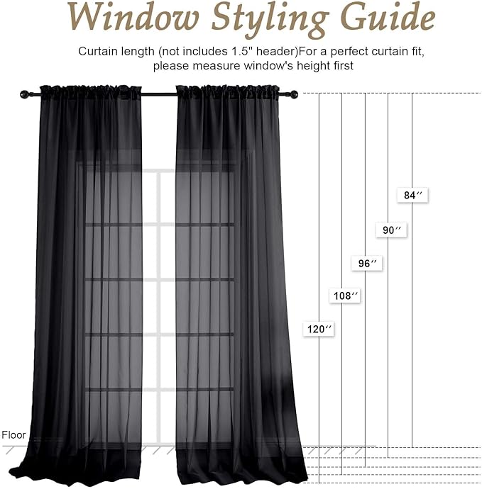 OVZME Black Sheer Curtains 108 Inches Long 2 Panels Set, 59 Inch Extra Wide Lightweight Airy Black Sheer Curtain for Living Room Bedroom, Filmy Voile Rod Pocket, 59Wx108L Inches