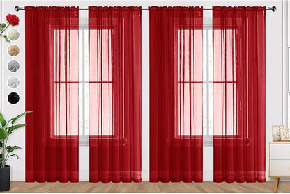 SpaceDresser Christmas Red Sheer Curtains 4 Panels Rod Pocket Semi-Sheer Curtain 108 Inches Long Light Filtering Voile Window Drapes for Bedroom Living Room Kitchen, Each 52W x 108L