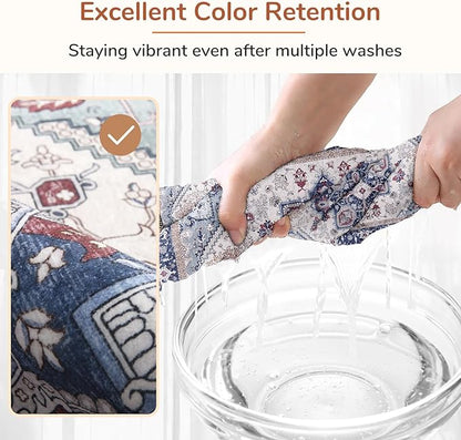 OPPODREAM Soft 10x14 Area Rugs, Washable Rugs 10x14 with Non Slip Backing, Low-Pile Faux Cashmere 10 x 14 Carpet, Navy Blue & Red & Cream