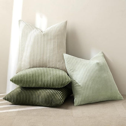 MIULEE Boho Farmhouse Throw Pillow Covers 20x20 Inch Set of 4 Mordern Neutral Green Cushion Covers Soft Corduroy Nordic Home Decor for Spring Couch Bed Sofa Living Room Green-White