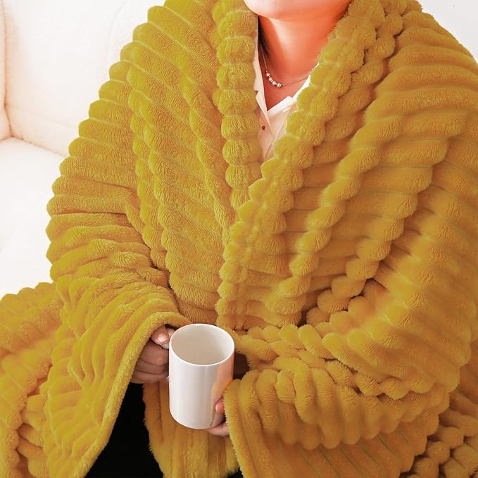 Mustard Yellow Fleece Throw Blanket 50”×60” for Couch Sofa Bed,Super Soft Cozy Plush Microfiber Flannel Blanket with Stripes Design Lightweight for Adults,Woman,Girls