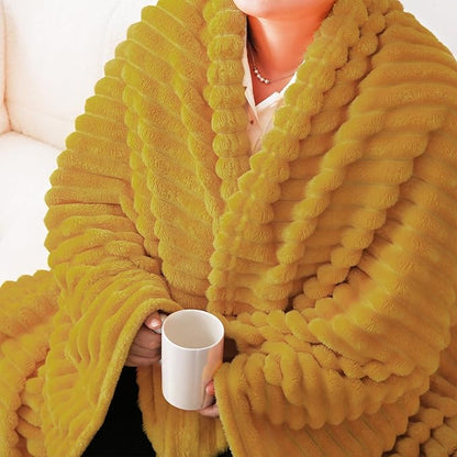 Mustard Yellow Fleece Throw Blanket 50”×60” for Couch Sofa Bed,Super Soft Cozy Plush Microfiber Flannel Blanket with Stripes Design Lightweight for Adults,Woman,Girls