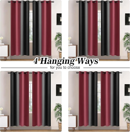 Yakamok Blackout Ombre Burgundy and Black Curtains for Bedroom, Gradient Room Darkening Curtains, Grommet Thermal Insulated Light Blocking Window Drapes/Curtain for Living Room,52 x 72 Inch,2 Panels