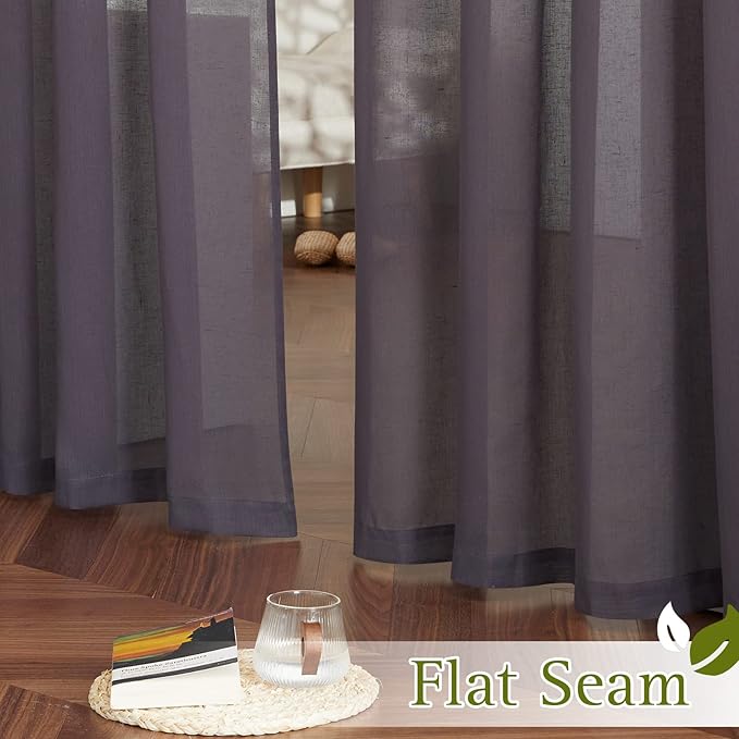 NICETOWN Faux Flax Linen Sheer Curtains for Living Room, Grommet Vertical Semi Sheer Curtains & Drapes Privacy with Light Filtering for Villa/Cottage, W52 x L96, Purple Brown, 1 Pair
