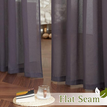 NICETOWN Faux Flax Linen Sheer Curtains for Living Room, Grommet Vertical Semi Sheer Curtains & Drapes Privacy with Light Filtering for Villa/Cottage, W52 x L96, Purple Brown, 1 Pair