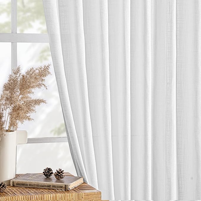 MIULEE White Linen Curtains 92 Inch Long 2 Panels for Bedroom Living Room, Soft Thick Linen Textured Back Tab Window Drapes Semi Sheer Light Filtering Rod Pocket Modern Farmhouse Decor