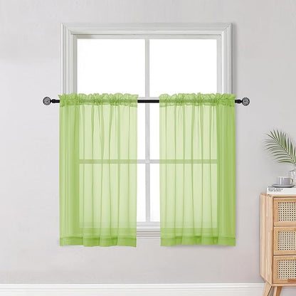 OWENIE Short Lime Sheer Curtains 36 Inch Length 2 Panels Set, Kitchen Tiers Curtains Light Filter Rod Pocket Voile Cafe Curtain for Basement Bathroom Small Half Window, 42" W x 36" L, Lime