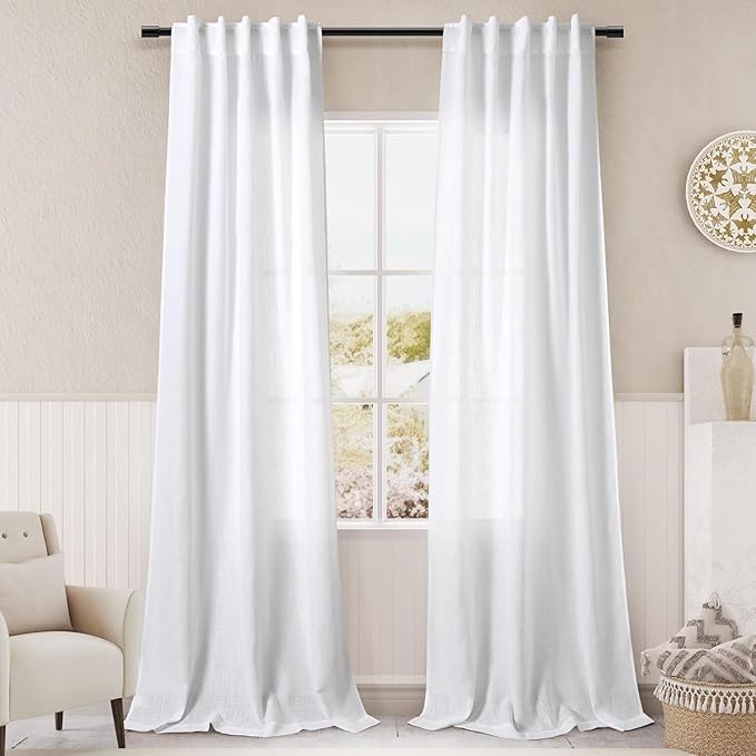 Nanspring White Linen Curtains for Living Room 84 inches Long 2 Panels Set Pure White Semi Sheer Curtains Back Tab Rod Pocket Modern Farmhouse Decor Elegant Curtains 34 X 84,2 Panels