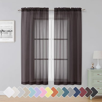 Simplebrand Chocolate Sheer Curtains 63 Inch Length 2 Panels, Rod Pocket Solid Color Window Sheer Curtain Panels, Elegant Curtains & Drapes for Living Room, Bedroom 2 Panels (42" W x 63" L)