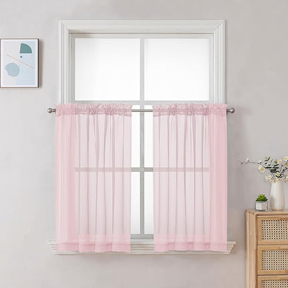 Chyhomenyc Sheer Curtains 24 Inch Length, Small Window Curtains for Bathroom Living Room Basement, Voile Short Rod Pocket Curtain Tiers, 42in Wx 24in L, 2 PCS, Blush Pink