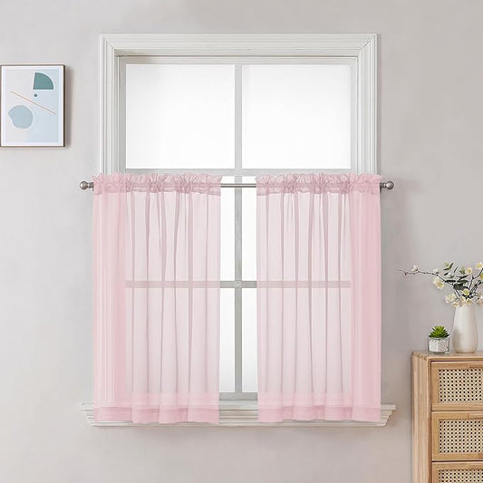 Chyhomenyc Sheer Curtains 24 Inch Length, Small Window Curtains for Bathroom Living Room Basement, Voile Short Rod Pocket Curtain Tiers, 42in Wx 24in L, 2 PCS, Blush Pink