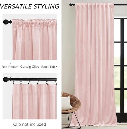 RYB HOME Pink Velvet Curtains 90 inches, Back Tab Soft Fabric Room Darkening Thermal Insulated Luxurious Home Decor Curtains for Living Room Bedroom, W 52" x L 90", 2 Panels Set