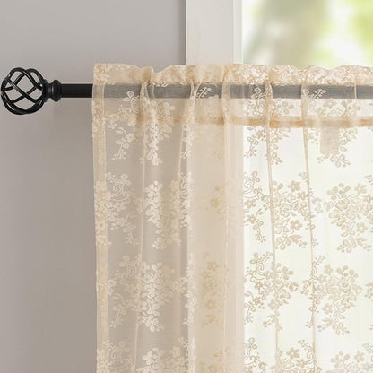 YJ YANJUN Vintage Lace Curtains 36 inch Length - Beige Short Cafe Kitchen Window Curtains Over Sink 2 Panels, Scalloped Edges, Light Filtering, Rv Curtain for Camper Windows Each W26xL36 Inch