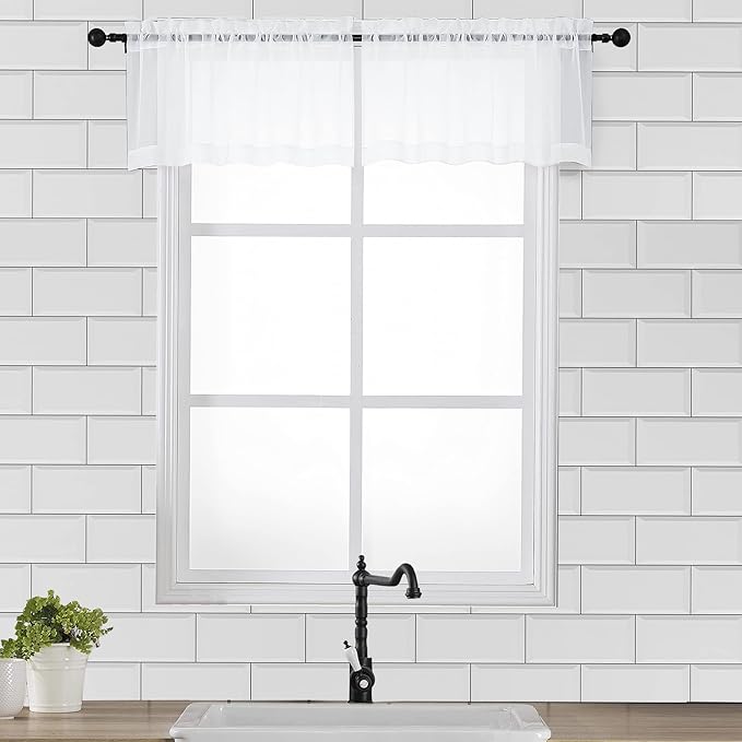 OVZME White Sheer Window Valance Curtains, Light Filtering Kitchen Valances Windows Treatment, Small Voile Sheer Curtains for Living Room/Bathroom/Basement, Top Dual Rod Pocket, 2PCS