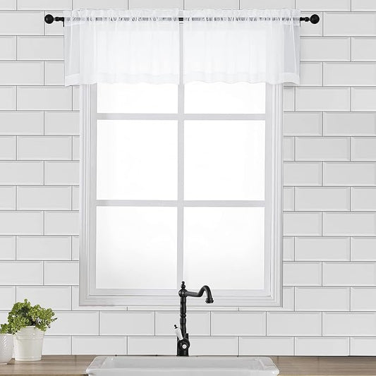 OVZME White Sheer Window Valance Curtains, Light Filtering Kitchen Valances Windows Treatment, Small Voile Sheer Curtains for Living Room/Bathroom/Basement, Top Dual Rod Pocket, 2PCS