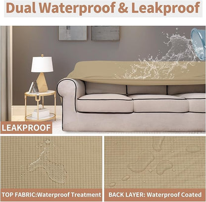Easy-Going 100% Waterproof Oversized Loveseat Couch Cover, Dual Waterproof Sofa Cover, Stretch Jacquard Sofa Slipcover, Leakproof Furniture Protector for Kids, Pets, Dog and Cat, Sand