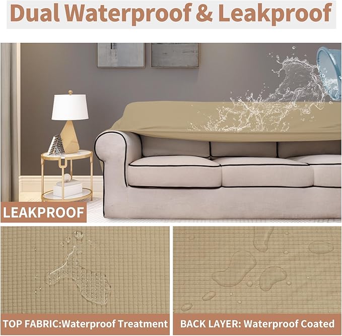 Easy-Going 100% Waterproof Couch Cover, Dual Waterproof Sofa Cover, Stretch Jacquard Sofa Slipcover, Leakproof Furniture Protector for Kids, Pets, Dog and Cat (Oversized Sofa, Sand)