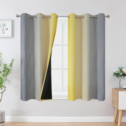 Estelar Textiler Yellow and Grey Blackout Curtains 54 Inch Length, Light Blocking Gradient Drapes for Kitchen, Room Darkening Thermal Insulated Grommet Ombre Curtains for Bathroom,42Wx54L,2 Panels